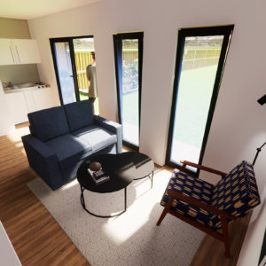 Open-plan lounge and kitchen area design for 4.8m by 6.0m mobile home