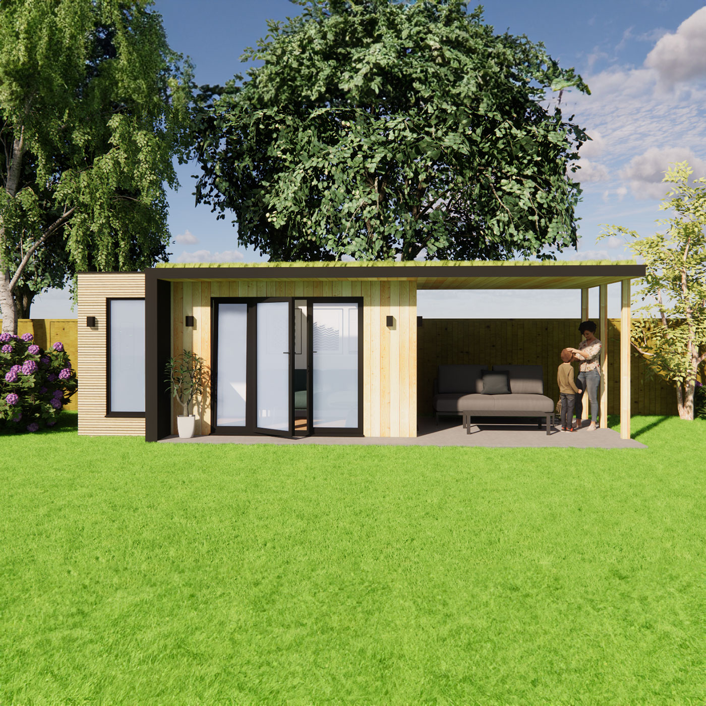 3d design of garden room with roof overhang 2.6m by 5.0m