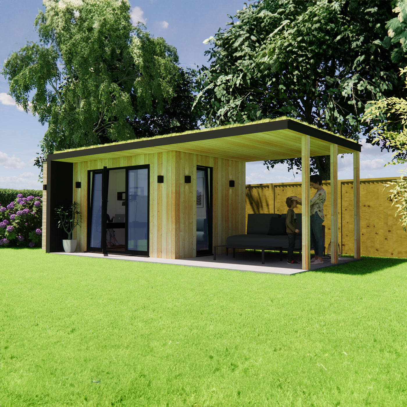 Visualisation of garden office with green roof 2.6m by 5.0m