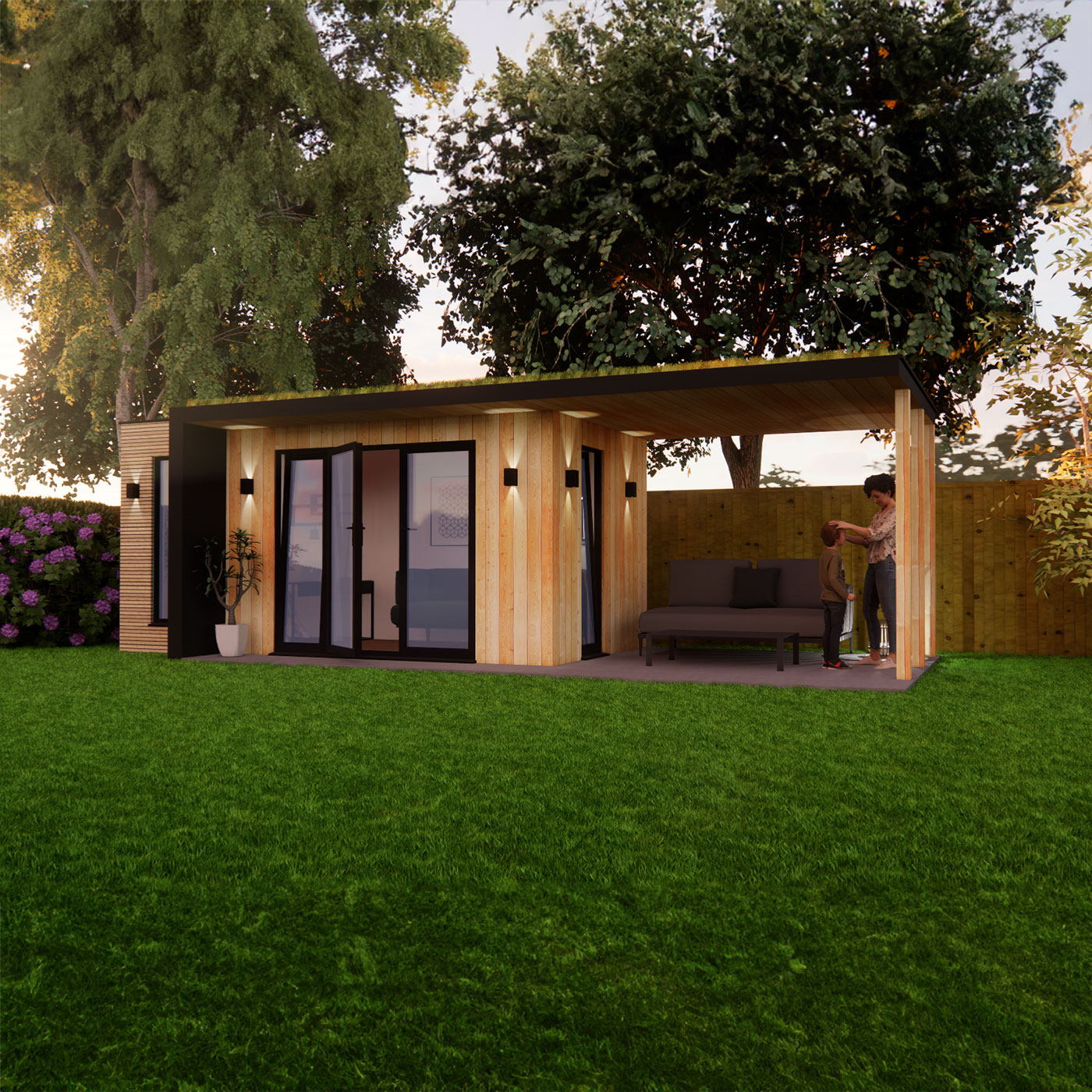 3D visualisation of garden office with roof overhang 2.6m by 5.0m