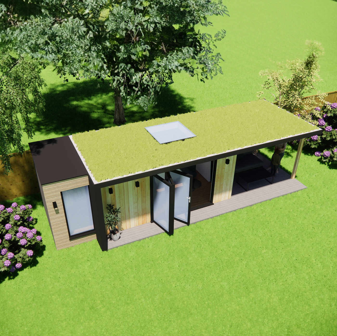 Garden room design with green roof and skylight 2.6m by 6.2m