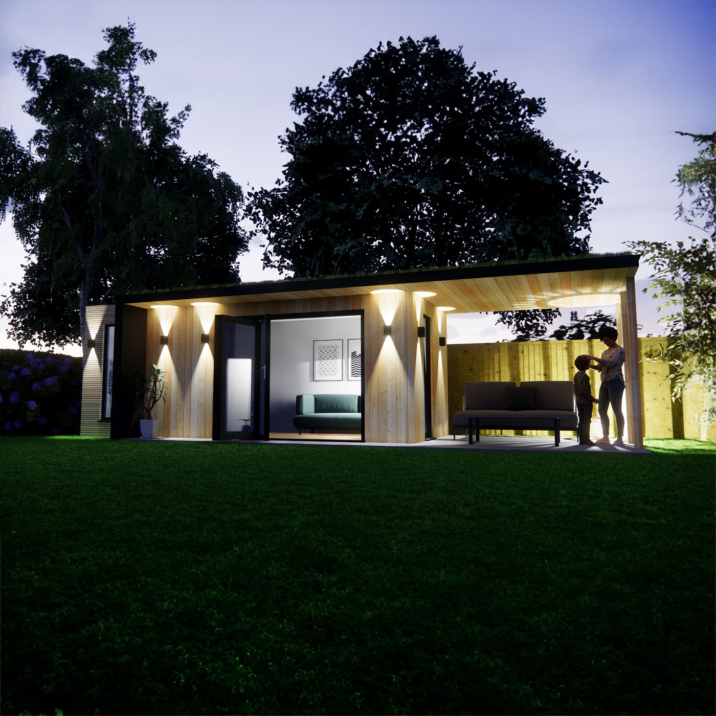 3D visualisation of garden office with roof overhang 2.6m by 6.2m