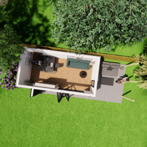 Interior design of 2.6m by 6.2m garden office with decking