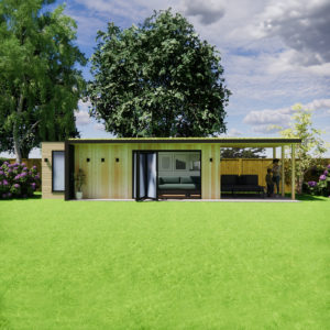 3D design of garden room with roof overhang 2.6m by 7.4m