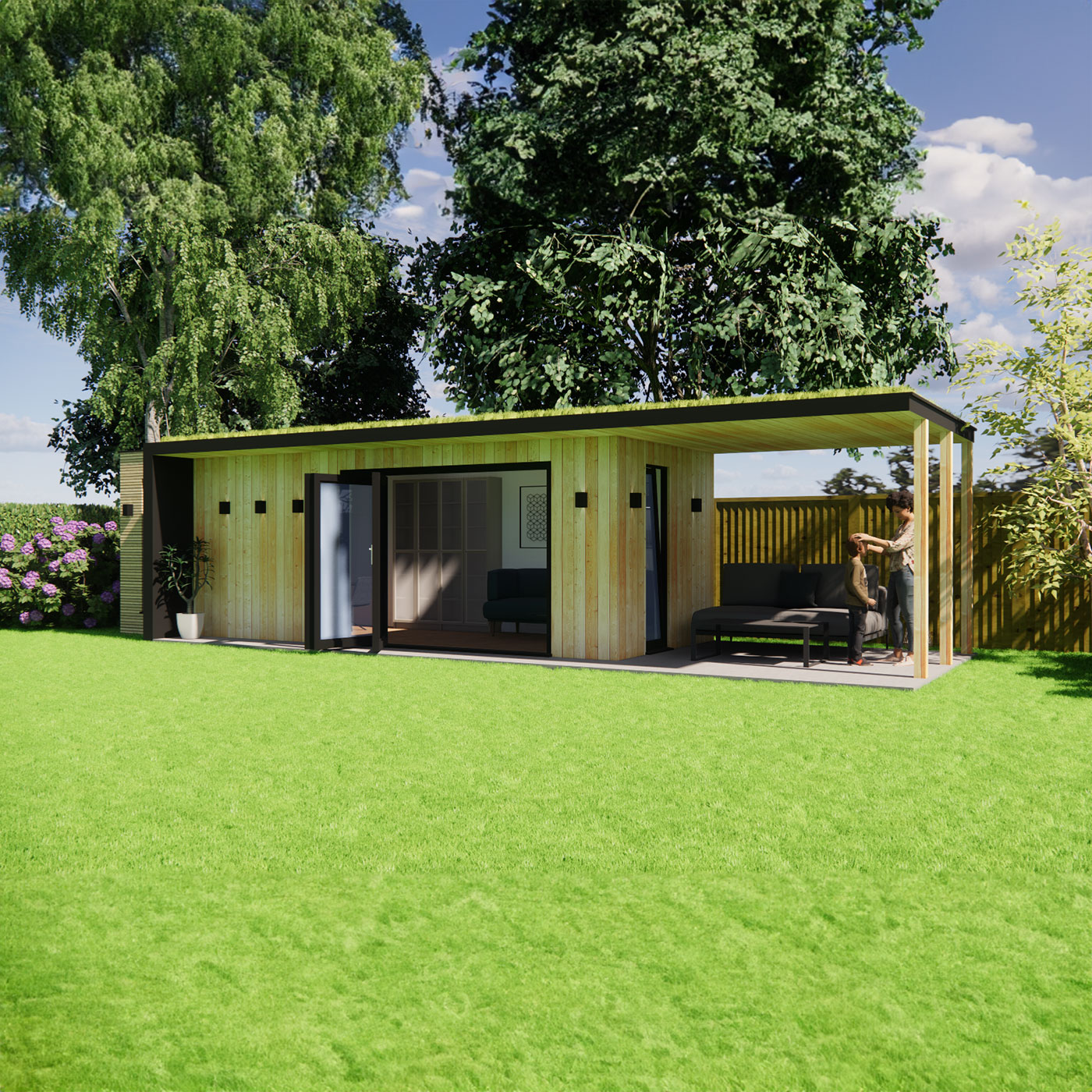 Visualisation of garden office with green roof 2.6m by 7.4m