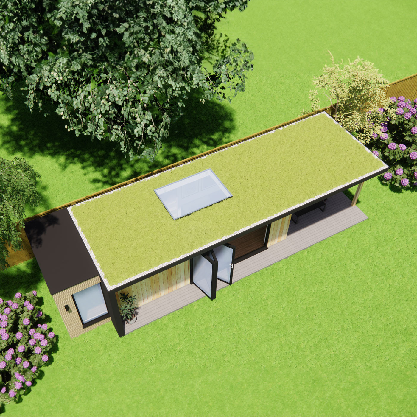 Garden room design with green roof and skylight 2.6m by 7.4m