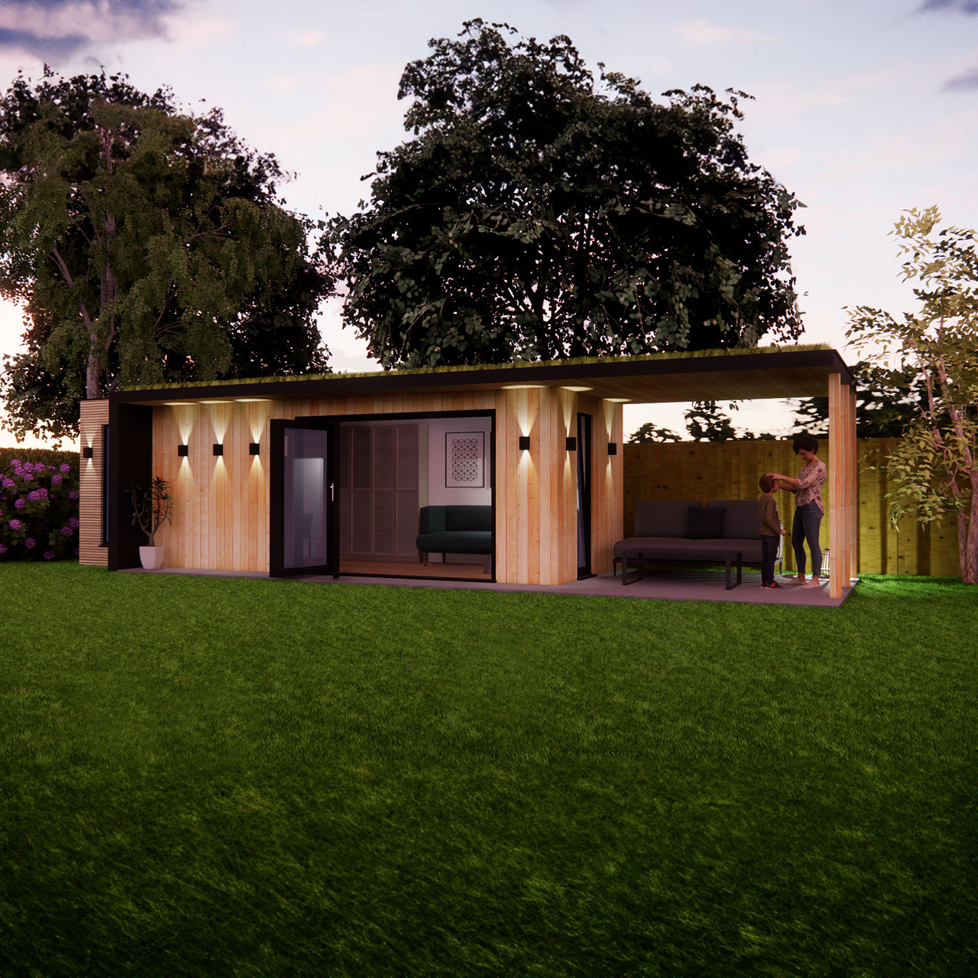 3D visualisation of garden office with roof overhang 2.6m by 7.4m