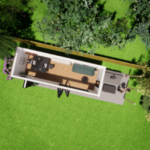 Interior design of 2.6m by 7.4m garden office with decking