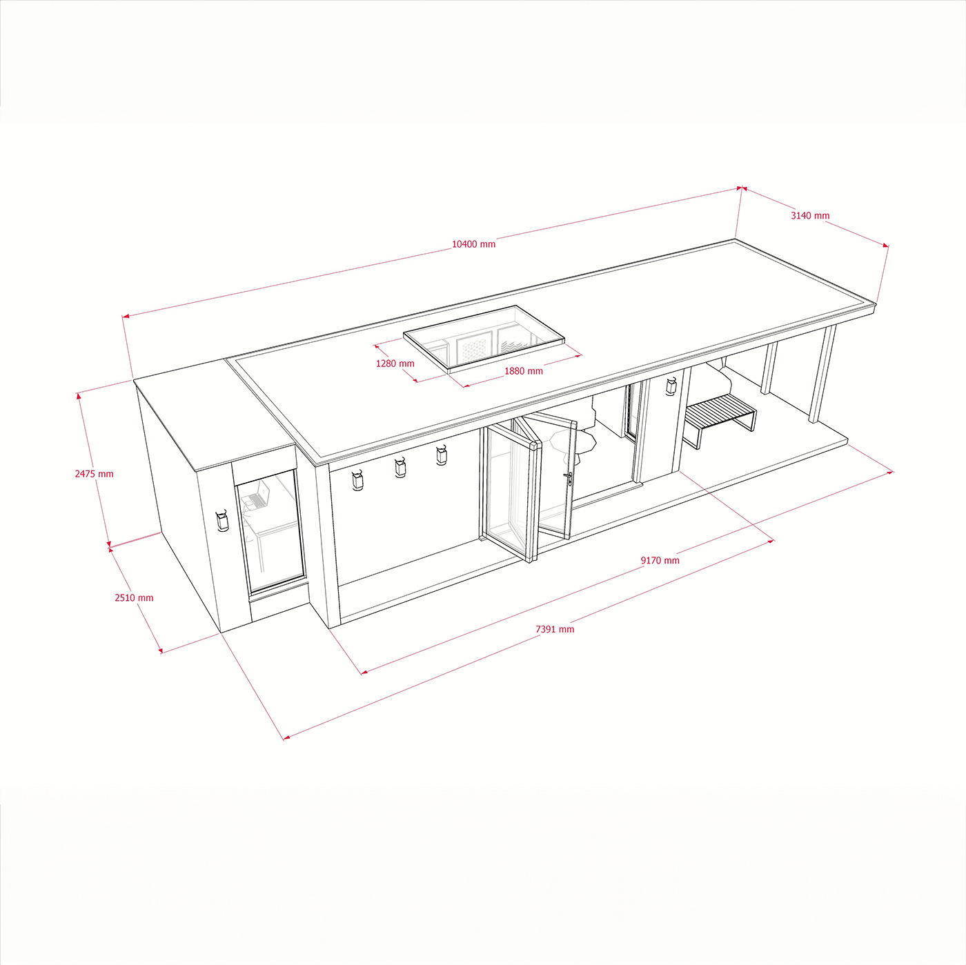 Exterior dimensions for 2.6m by 7.4m garden room