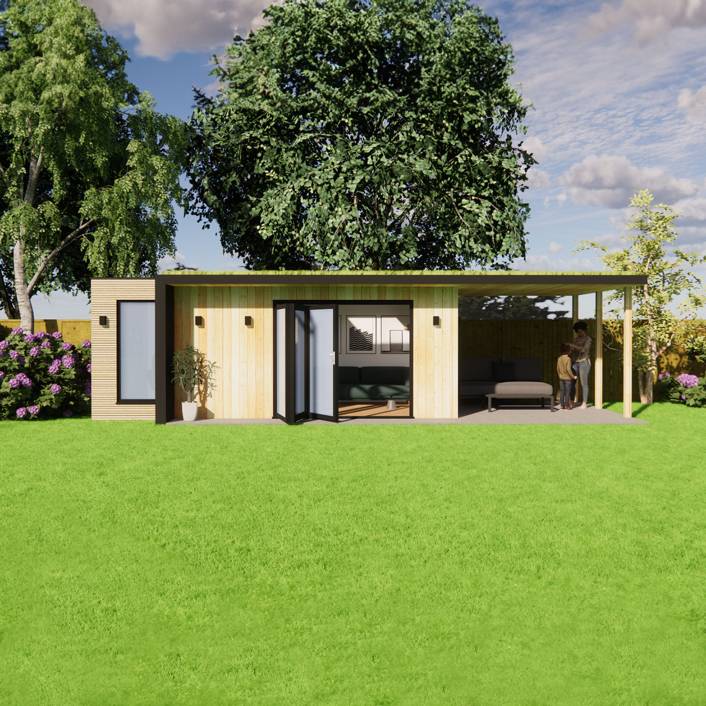 3D design of garden room with roof overhang 3.0m by 6.2m