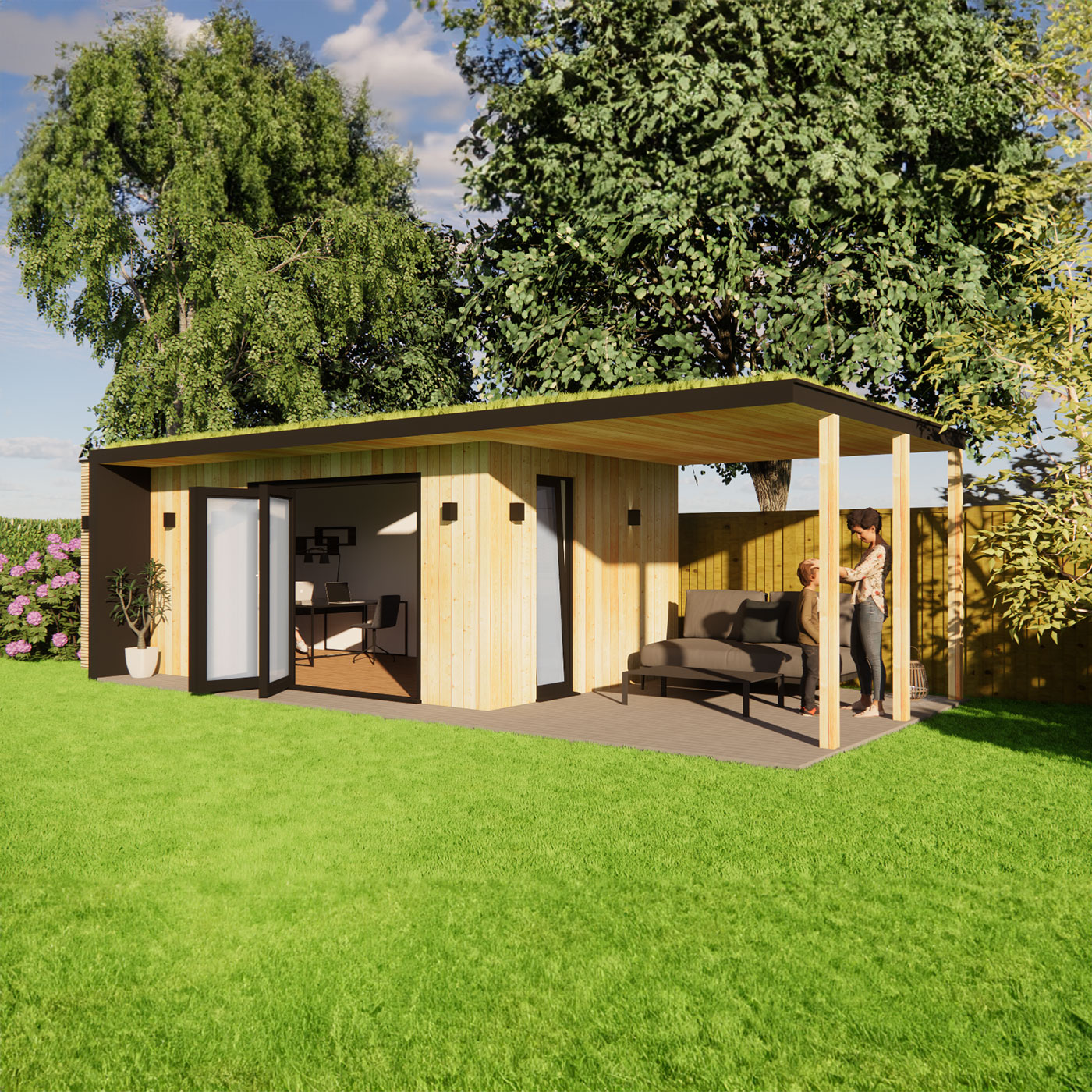 Visualisation of garden office with green roof 3.0m by 6.2m