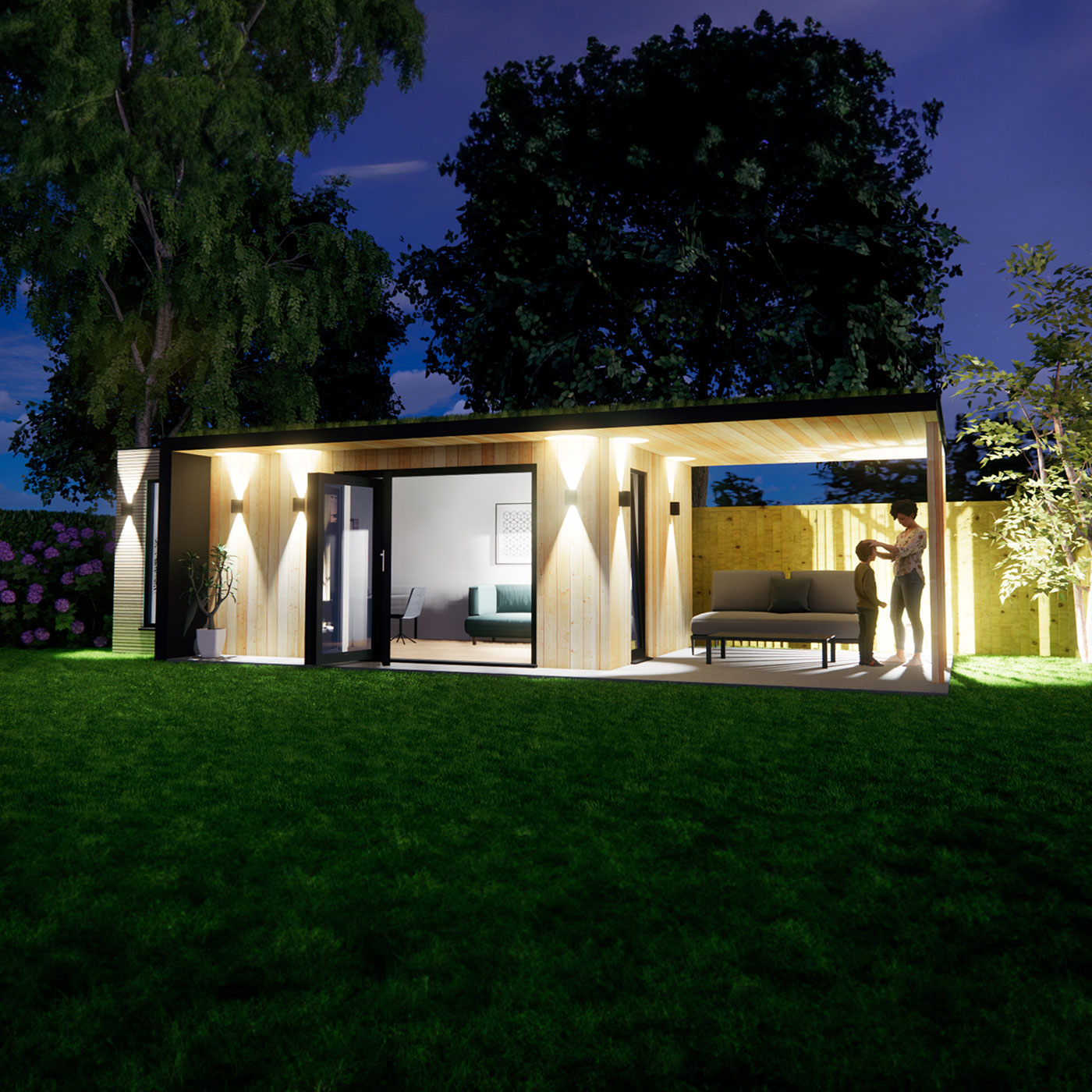 3D visualisation of garden office with roof overhang 3.0m by 6.2m