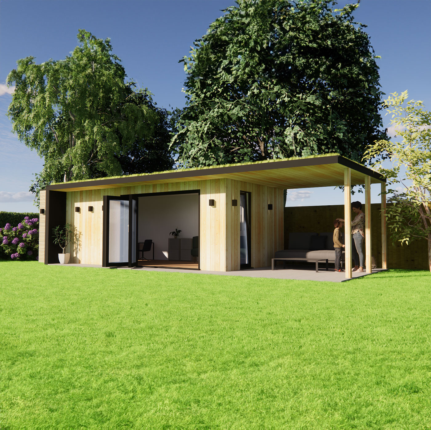 Visualisation of garden office with green roof 3.0m by 7.4m