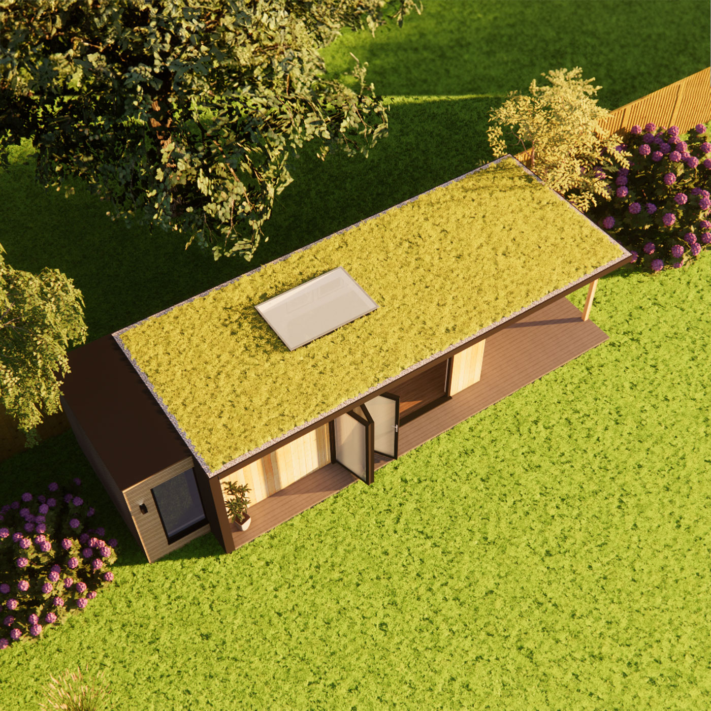 Garden room design with green roof and skylight 3.0m by 7.4m