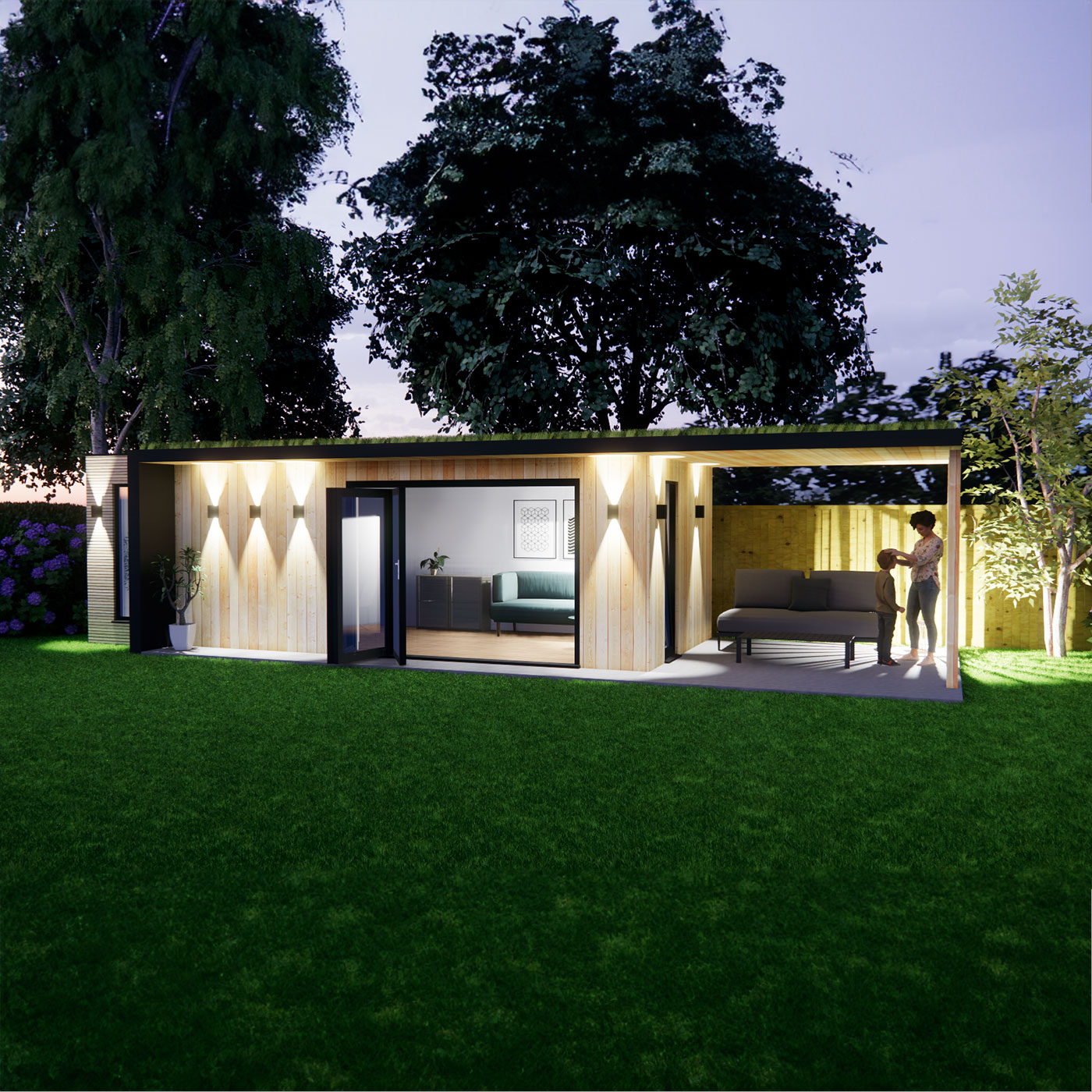 3D visualisation of garden office with roof overhang 3.0m by 7.4m