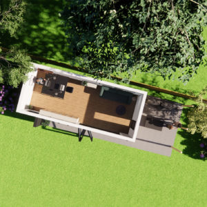 Interior design of 3.0m by 7.4m garden office with decking