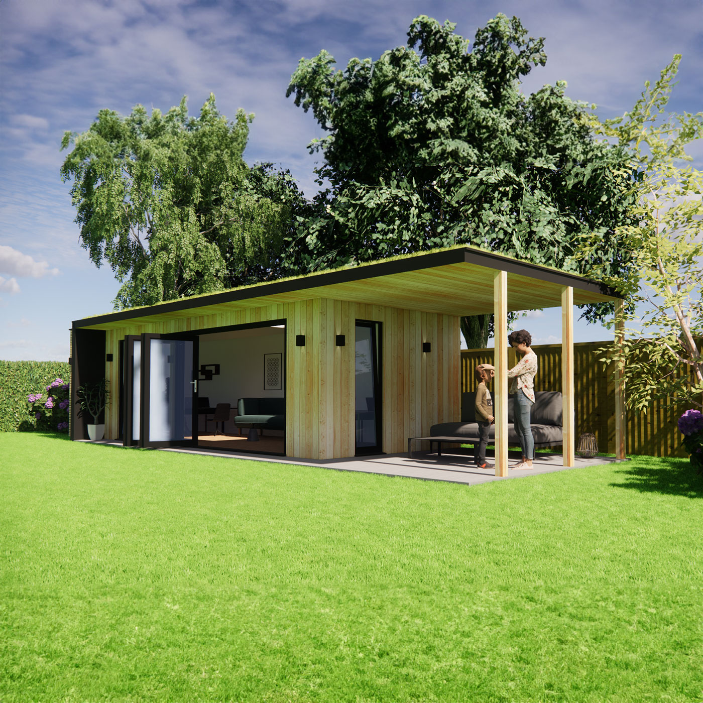 Visualisation of garden office with green roof 3.0m by 8.6m