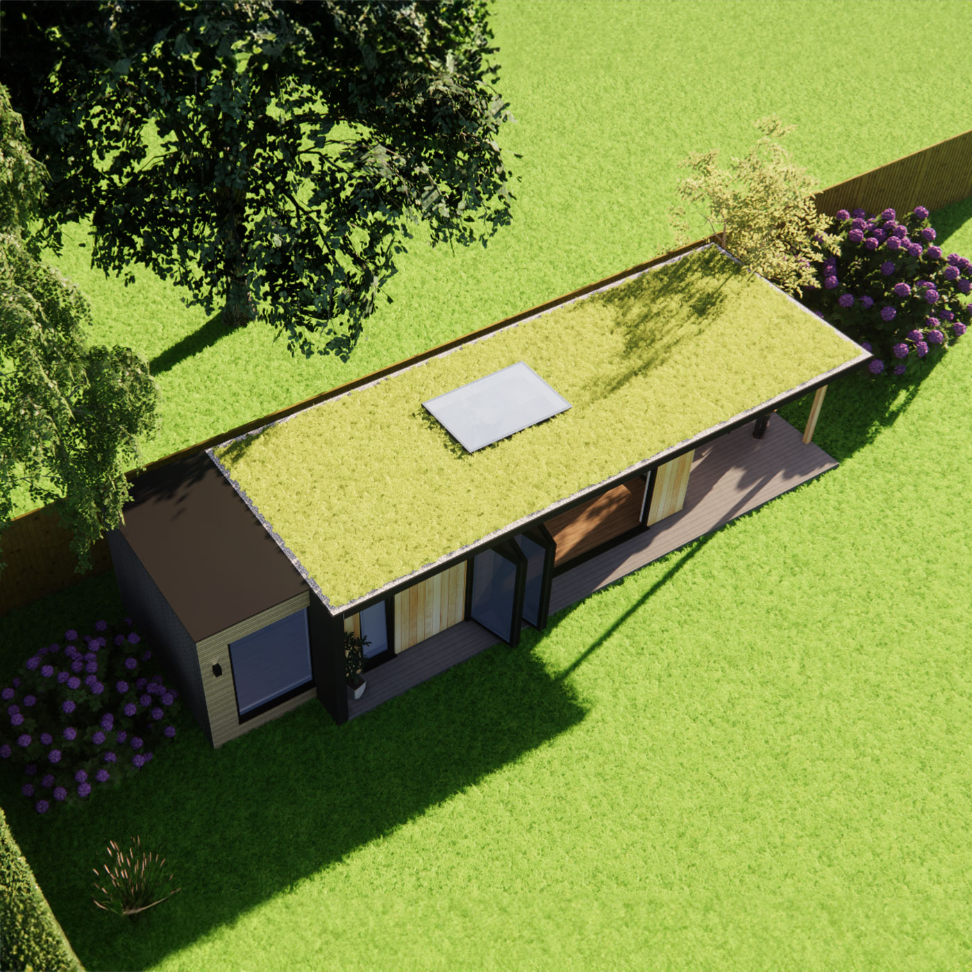 Garden room design with green roof and skylight 3.0m by 8.6m
