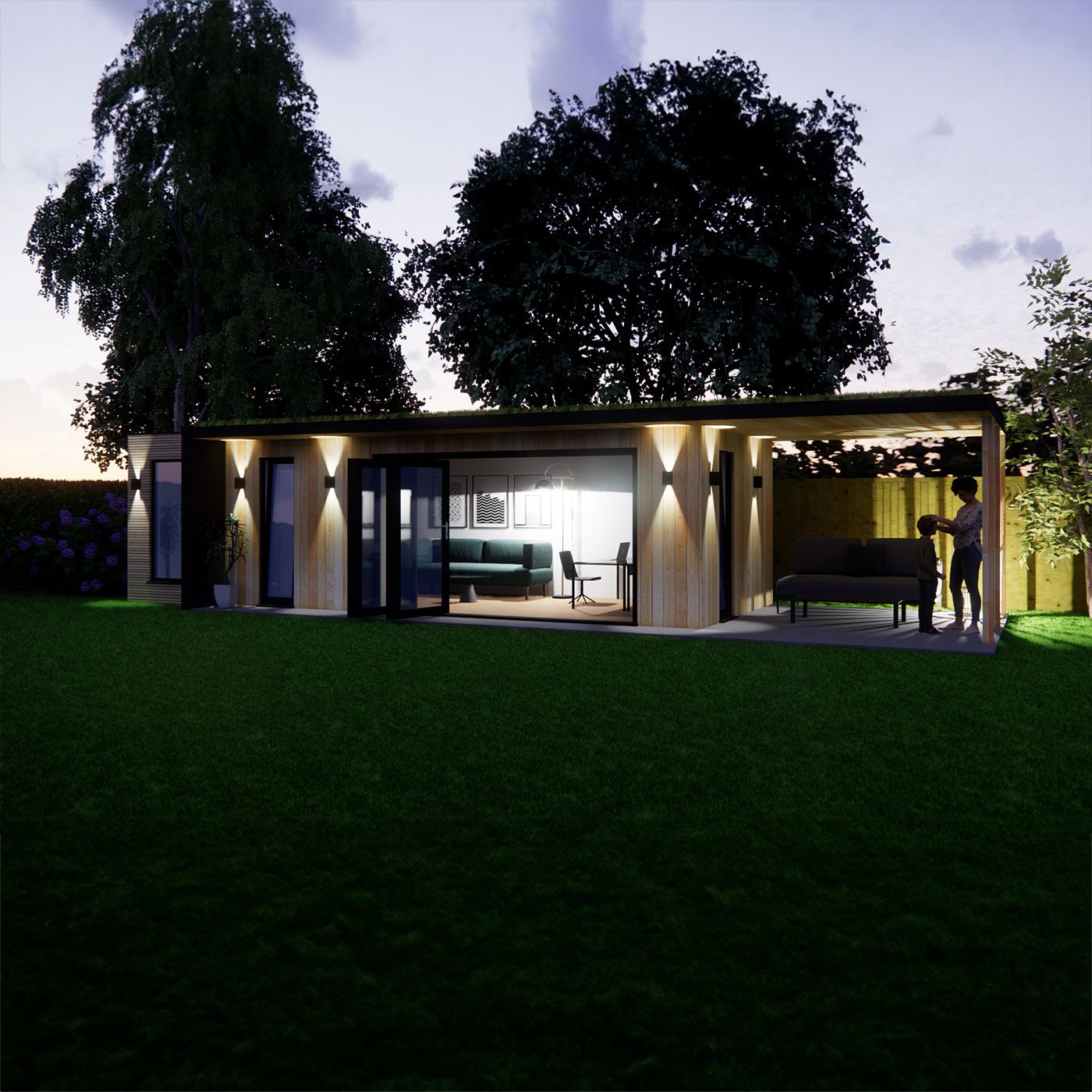 3D visualisation of garden office with roof overhang 3.0m by 8.6m