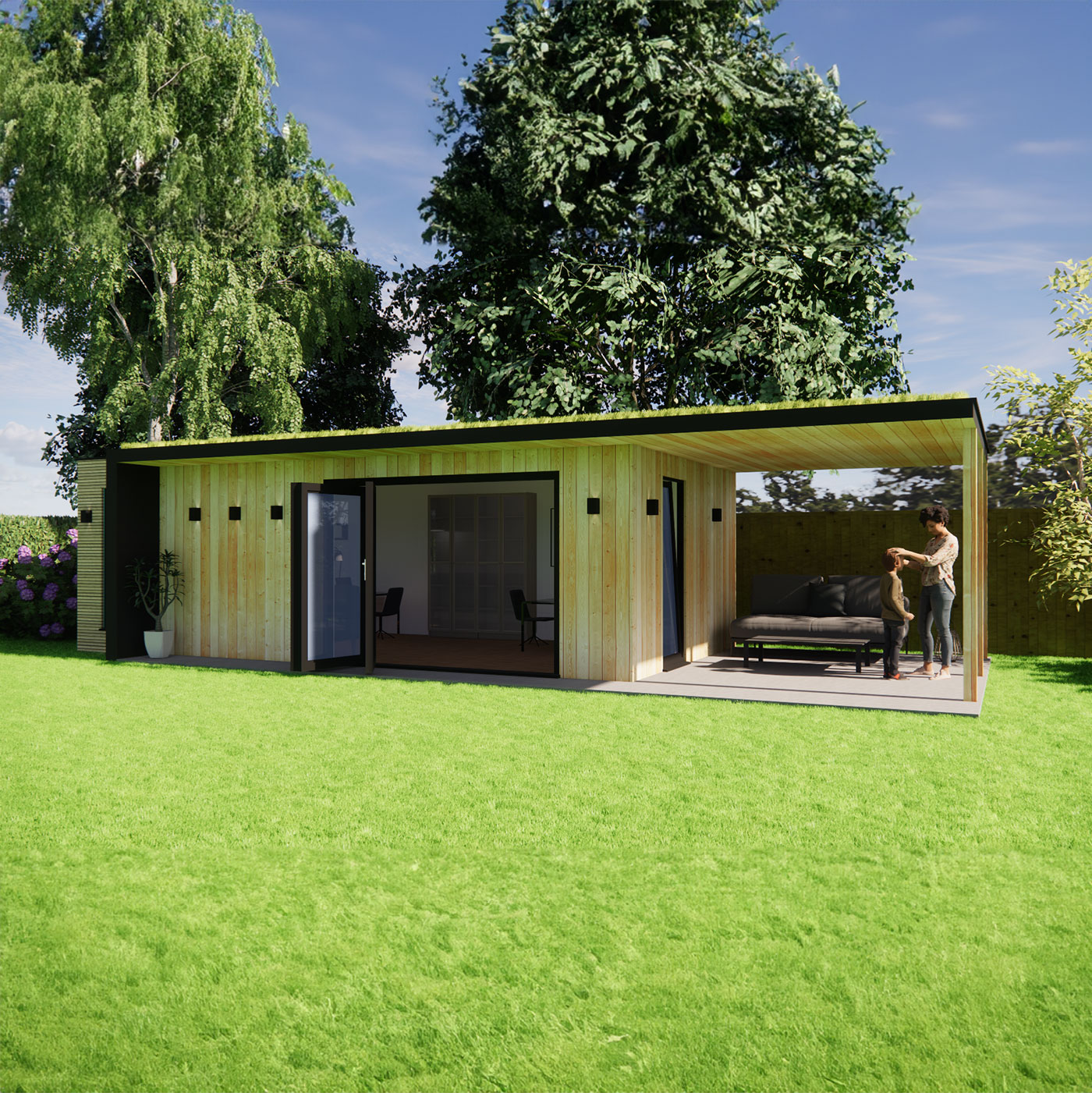 Visualisation of garden office with green roof 3.6m by 7.4m