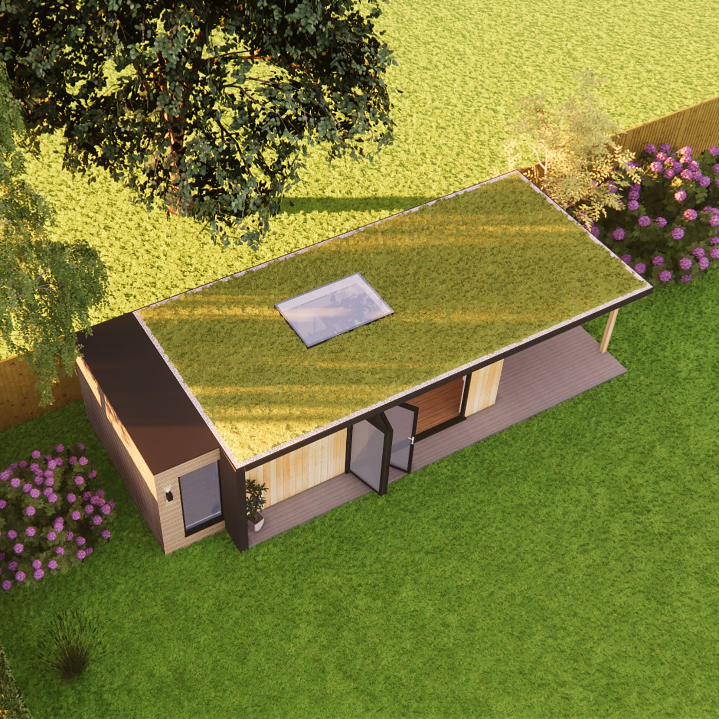 Garden room design with green roof and skylight 3.6m by 7.4m