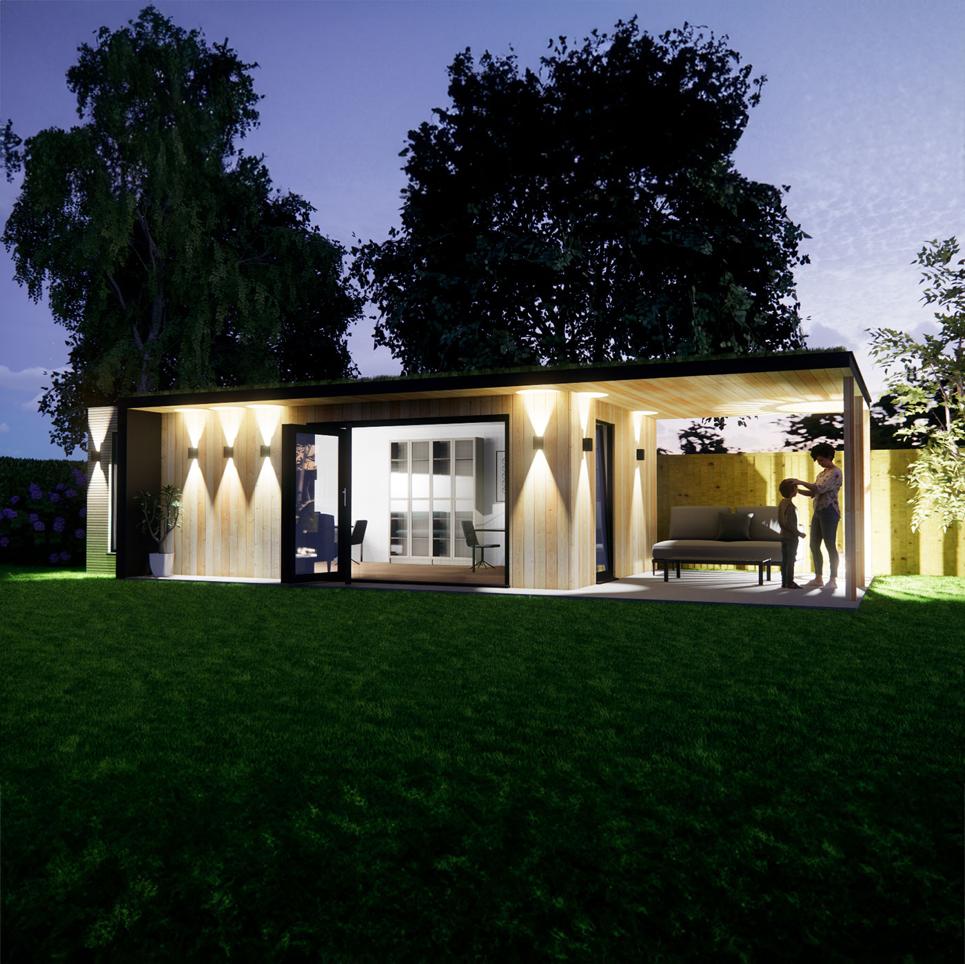 3D visualisation of garden office with roof overhang 3.6m by 7.4m