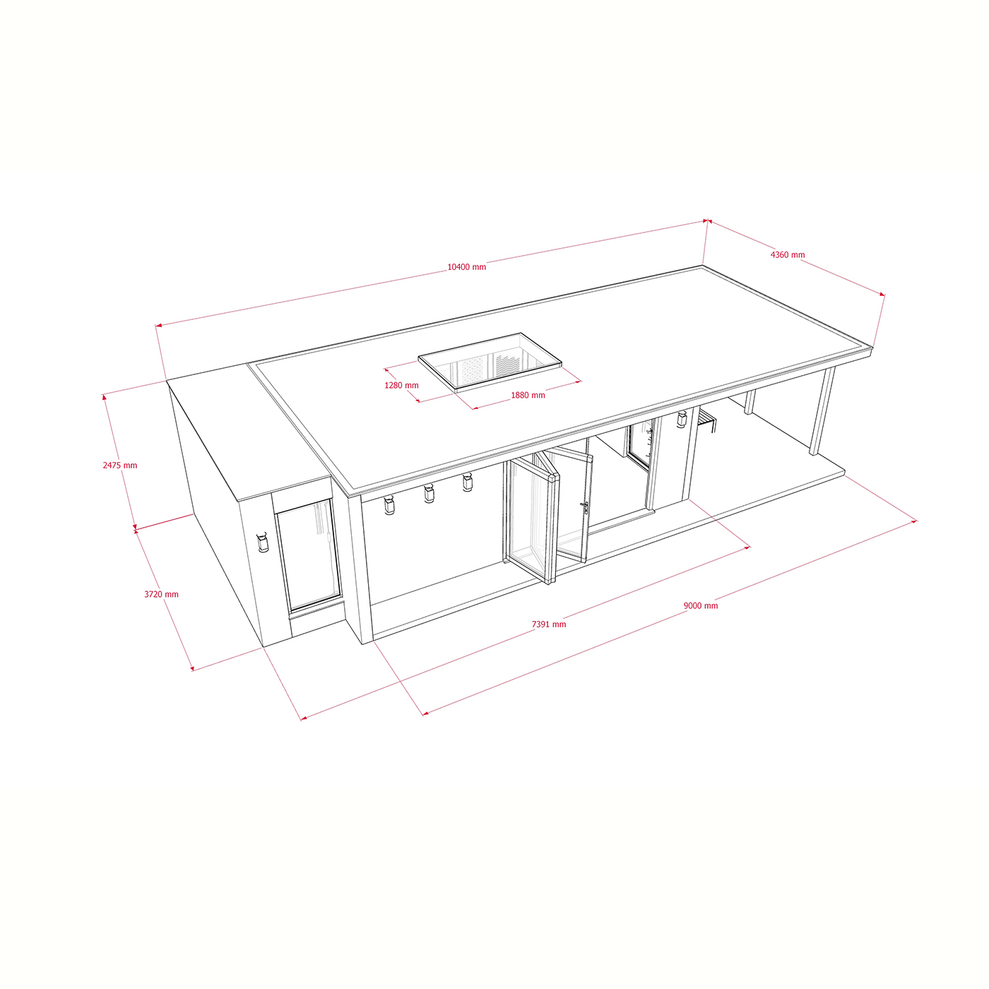 Exterior dimensions for 3.6m by 7.4m garden room