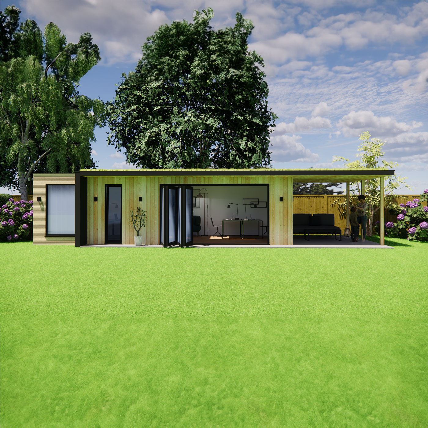 3D design of garden room with roof overhang 3.6m by 8.6m