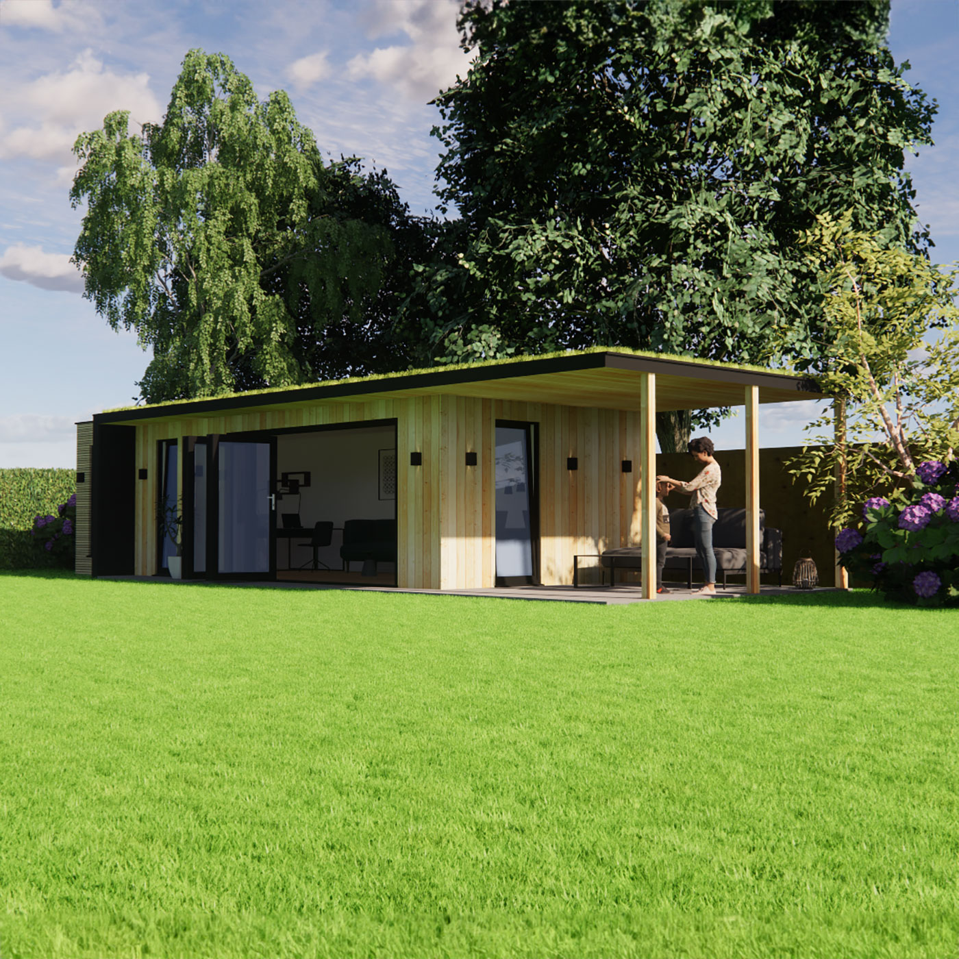 Visualisation of garden office with green roof 3.6m by 8.6m