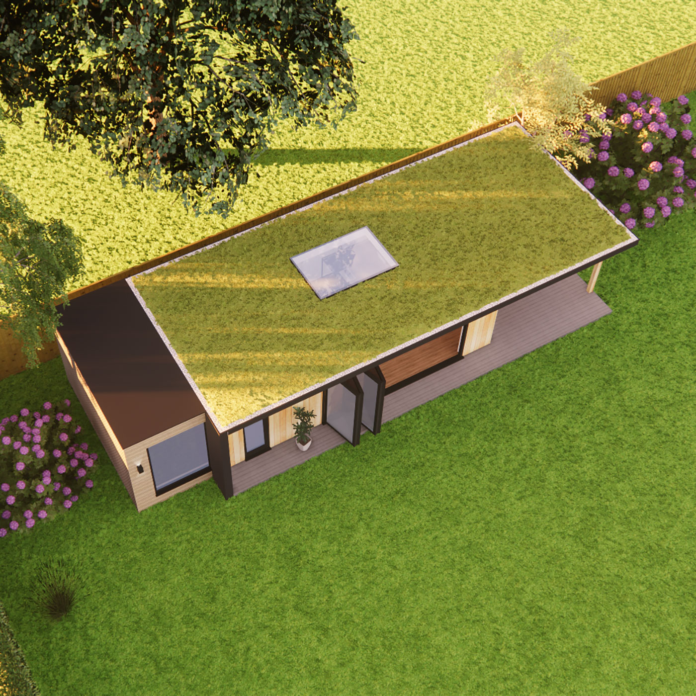 Garden room design with green roof and skylight 3.6m by 8.6m