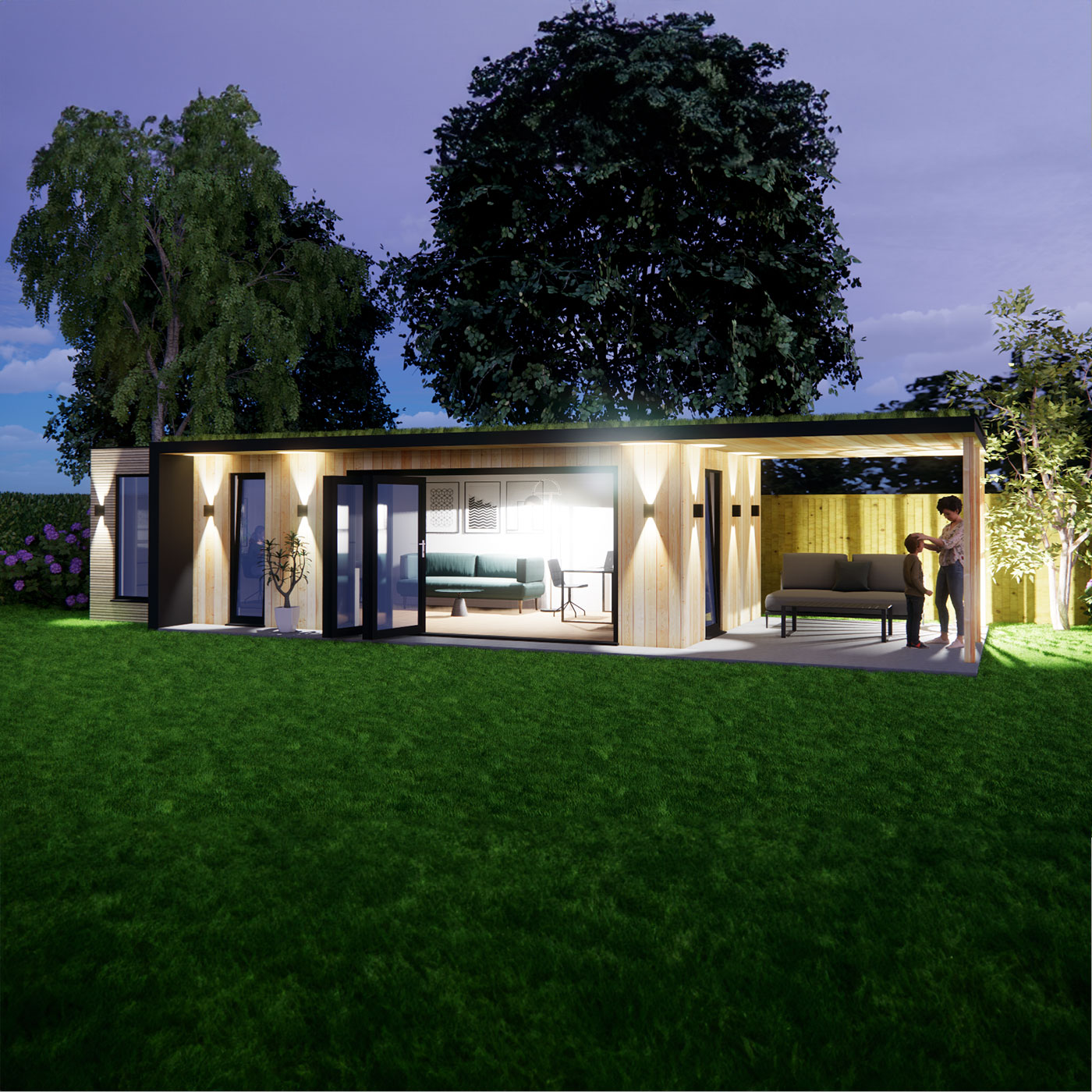 3D visualisation of garden office with roof overhang 3.6m by 8.6m