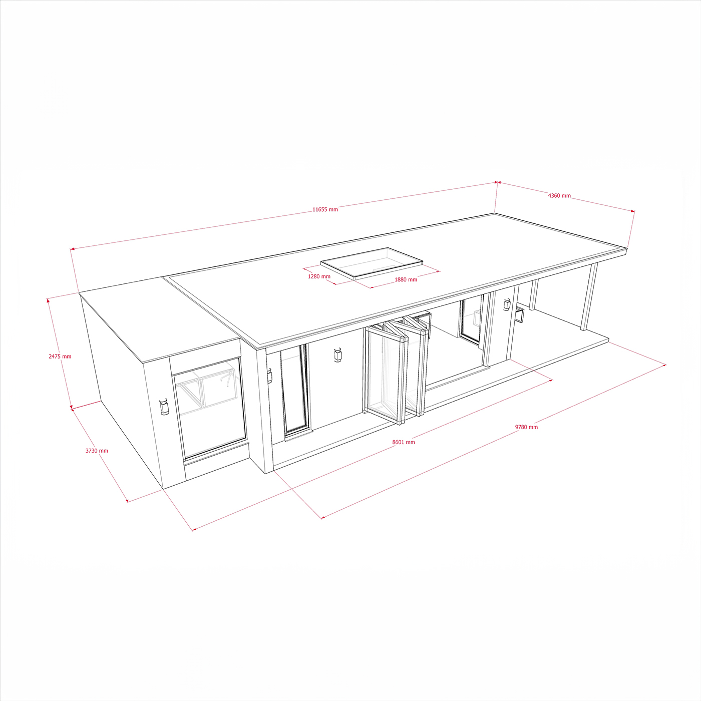 Exterior dimensions for 3.6m by 8.6m garden office