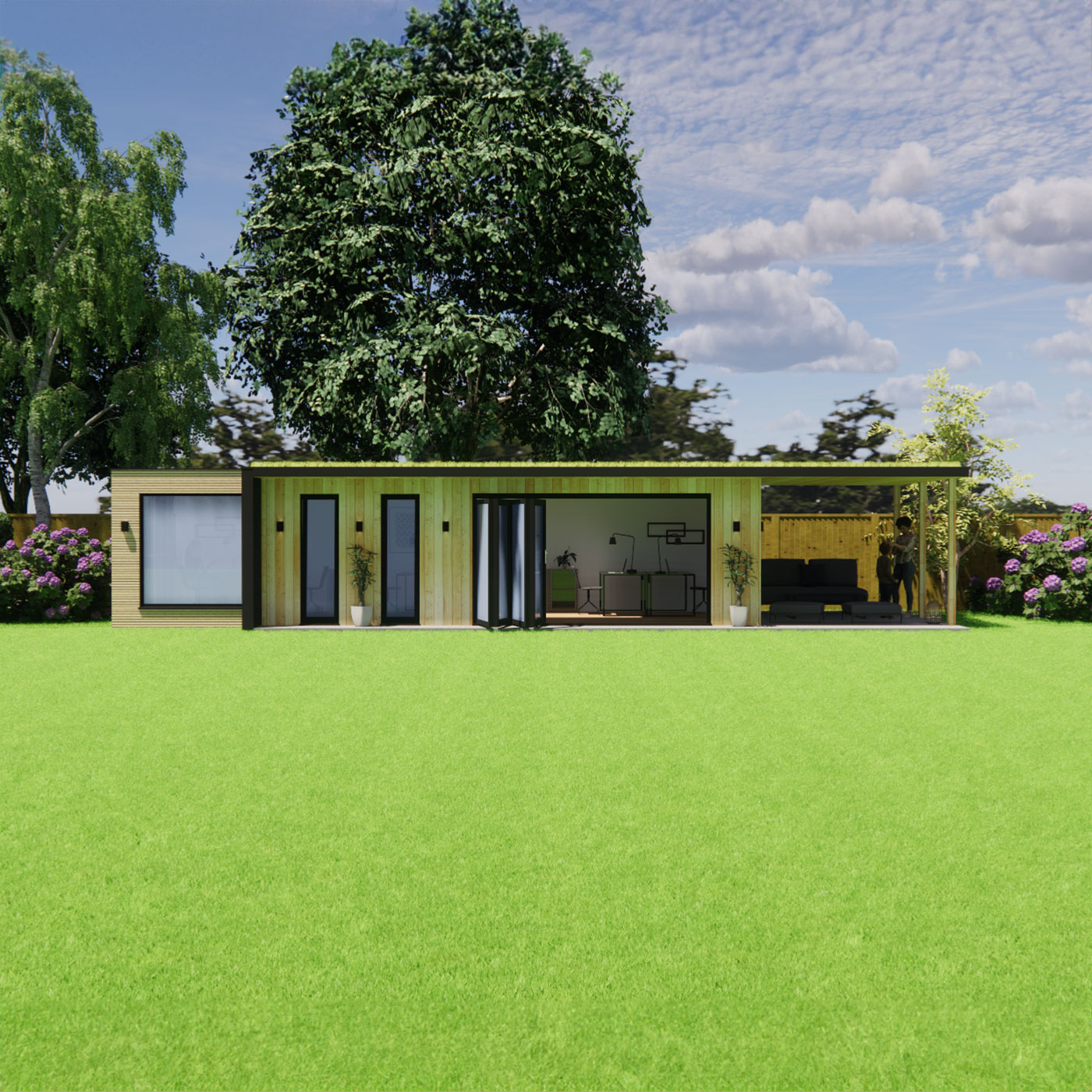 3D design of garden room with roof overhang 3.6m by 9.6m