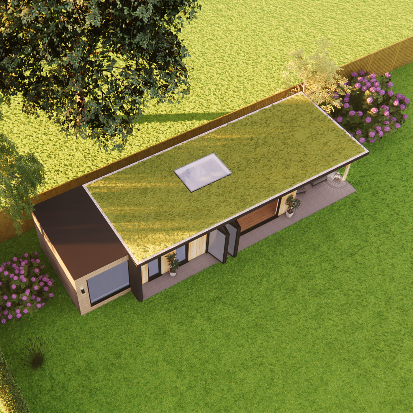 Garden room design with green roof and skylight 3.6m by 9.6m