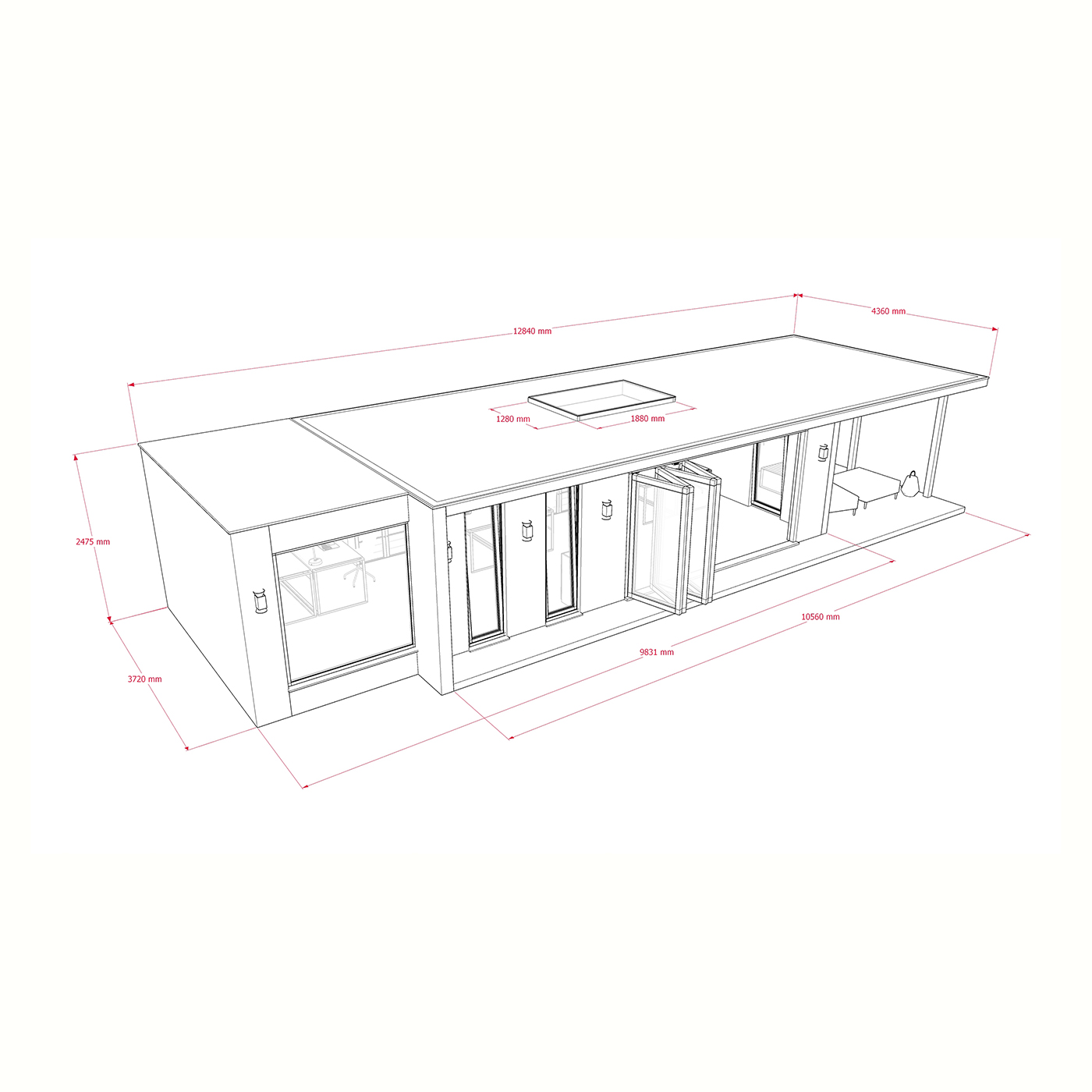 Exterior dimensions for 3.6m by 9.6m garden room