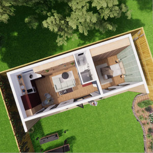 A top-down view of a tiny house shows an open-plan living area, kitchen, bathroom, and bedroom. The house is nestled among green grass and trees with a garden featuring outdoor furniture. This compact mobile home boasts modern furnishings and decor for functional living. - a room in the garden