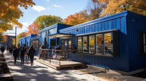 Large garden room school building with blue exterior