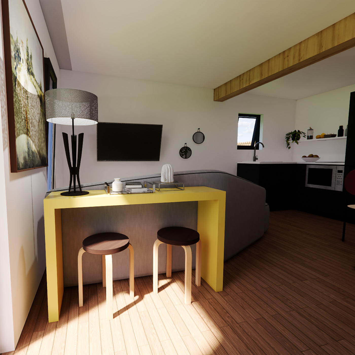 Interior visualisation of 5.0m by 7.4m mobile home