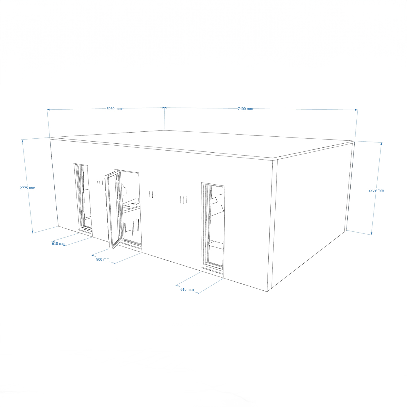 Exterior dimensions for 5.0m by 7.4m mobile home