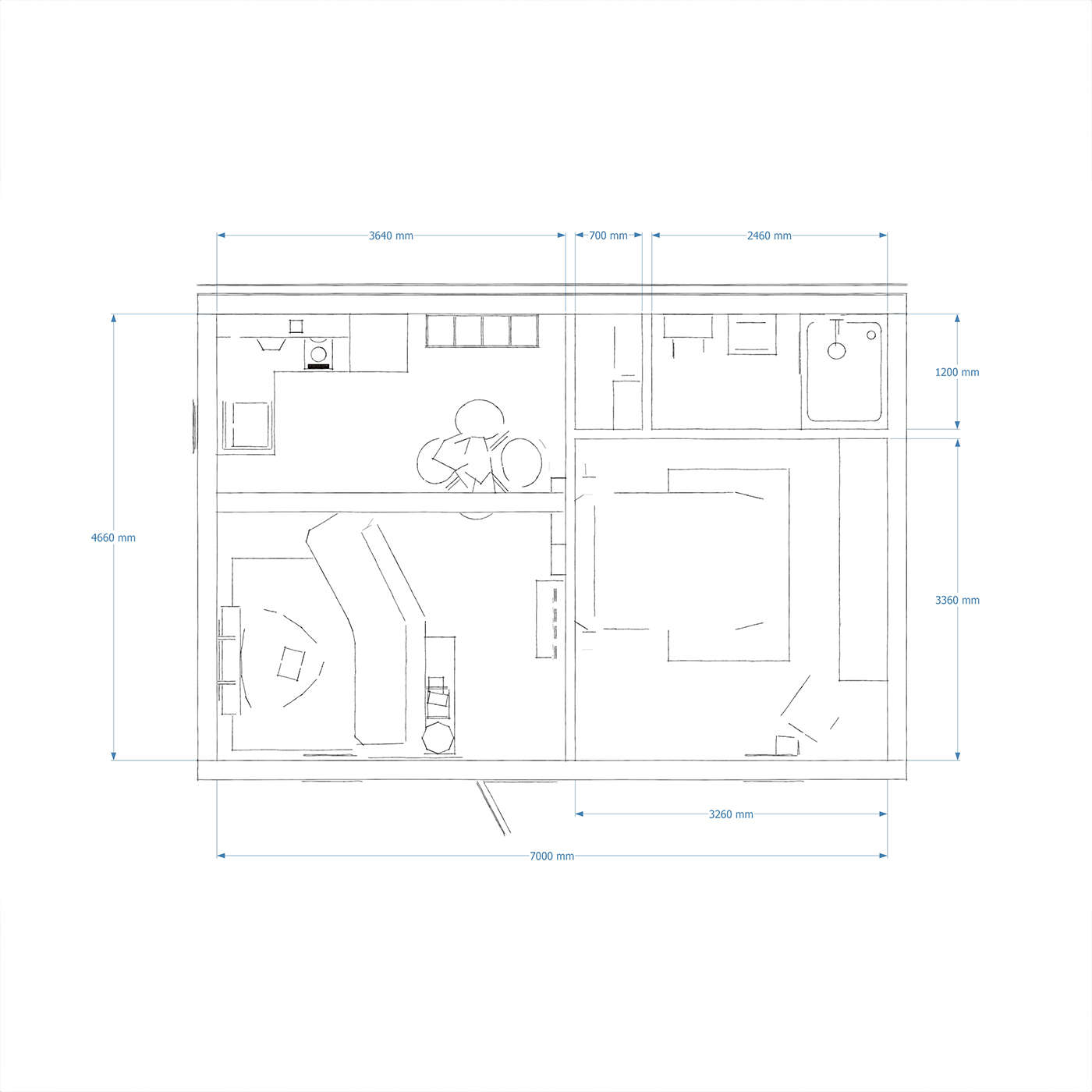 Interior dimensions for live-in garden room 5.0m by 7.4m