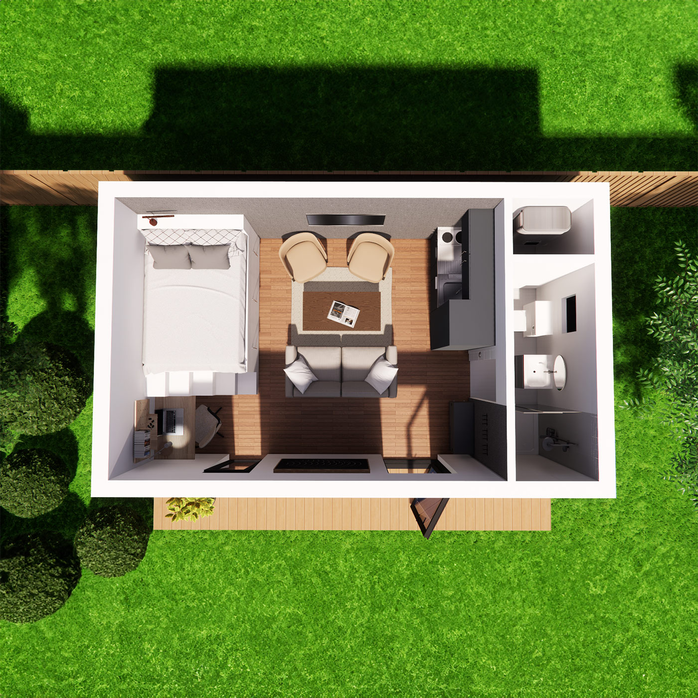 Visualisation of mobile home floorplan with interior design 3.9m by 6.2m