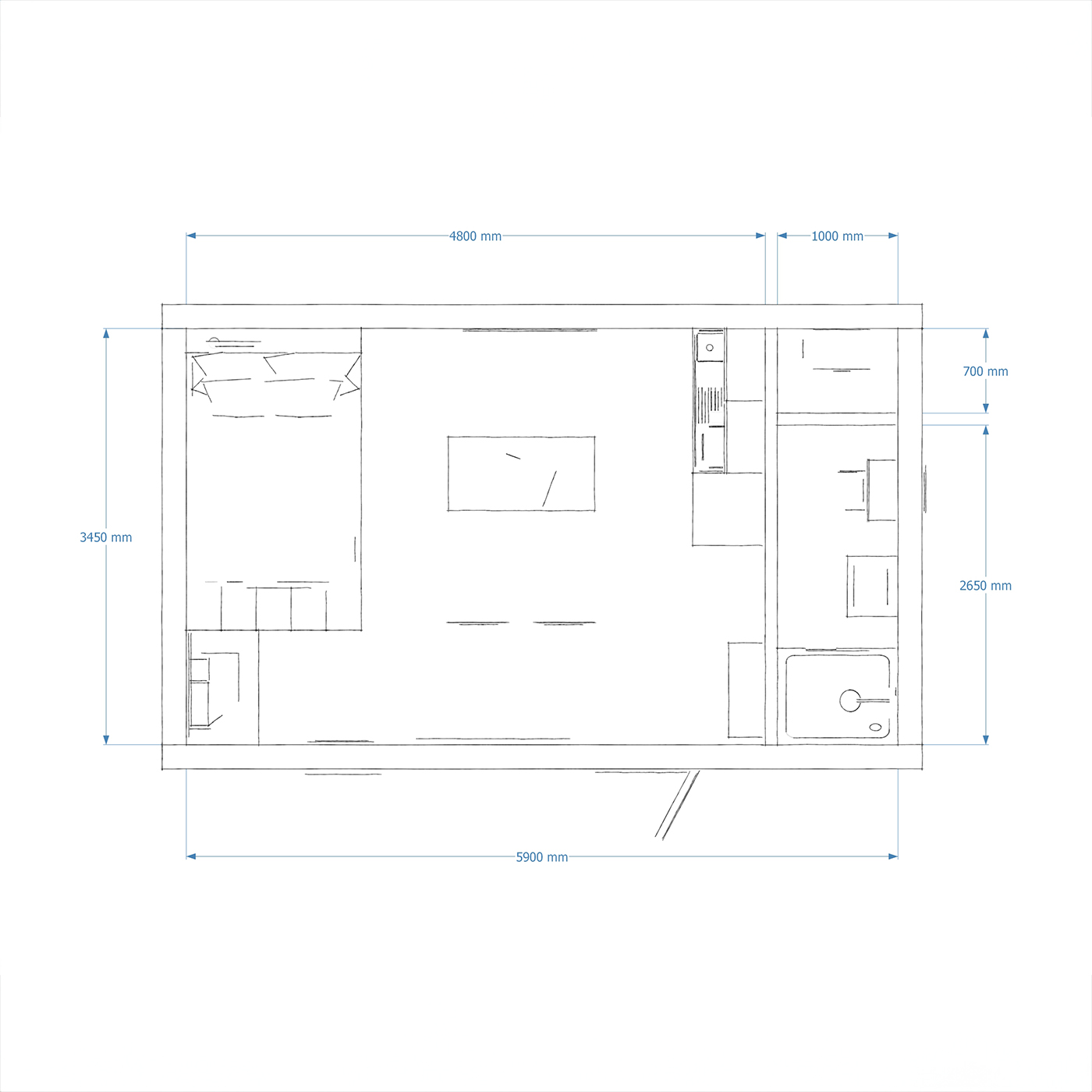 Interior dimensions for live-in garden room 3.9m by 6.2m