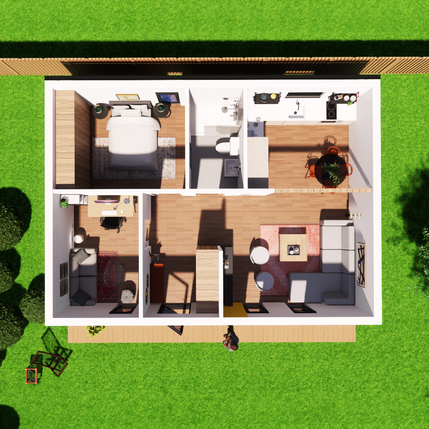 Visualisation of mobile home floorplan with interior design 6.2m by 8.6m