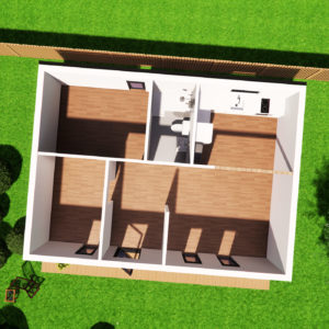 A 3D render of a simple house layout viewed from above, resembling mobile homes, shows four rooms with wooden flooring and one bathroom containing a sink and toilet. The house is surrounded by a green lawn and a wooden fence. Minimal furniture is visible outside the house. - a room in the garden