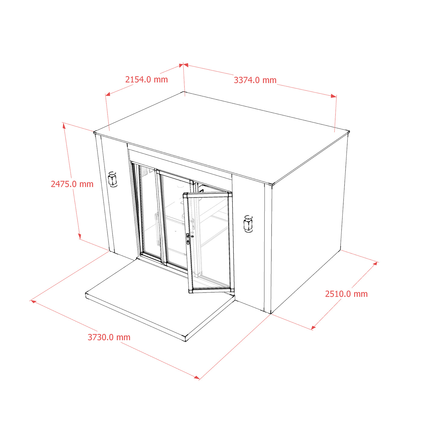 Exterior dimensions of 2.6m by 3.8m garden room