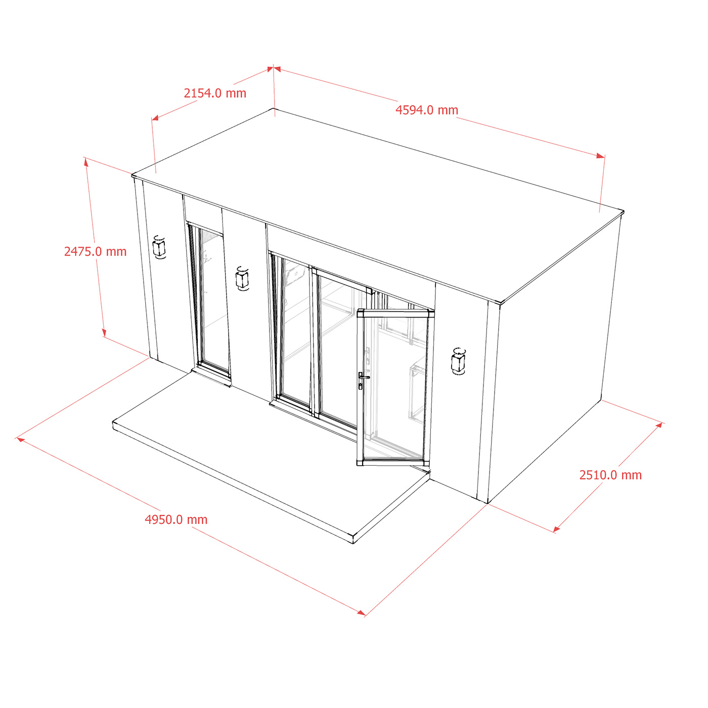 Exterior dimensions of 2.6m by 5.0m garden room