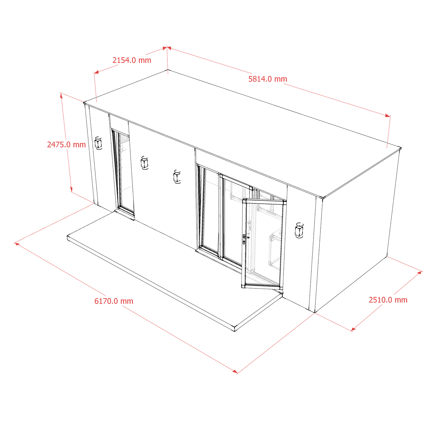 Exterior dimensions of 2.6m by 6.2m garden room