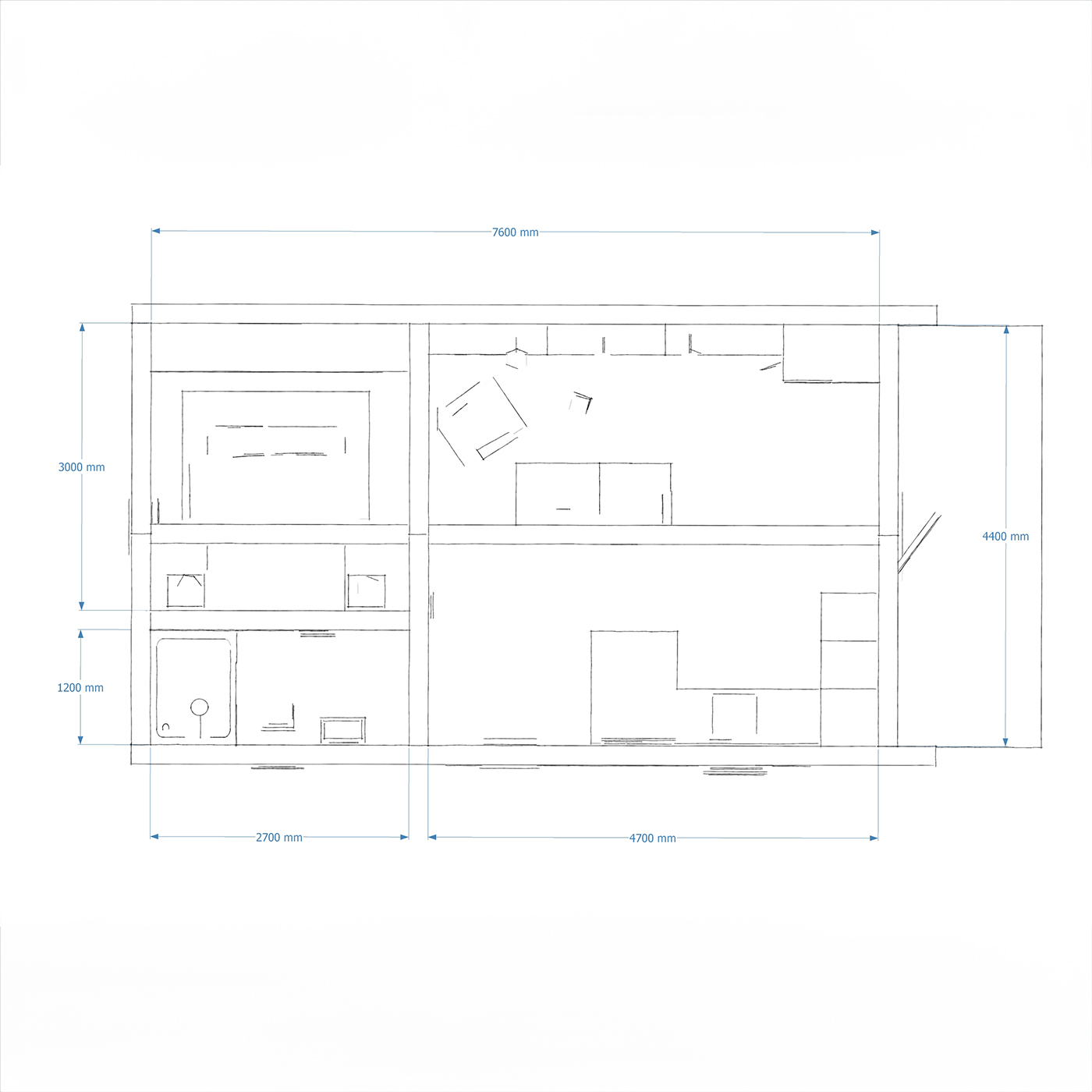 Interior dimensions of 4.8m by 8.4m mobile home