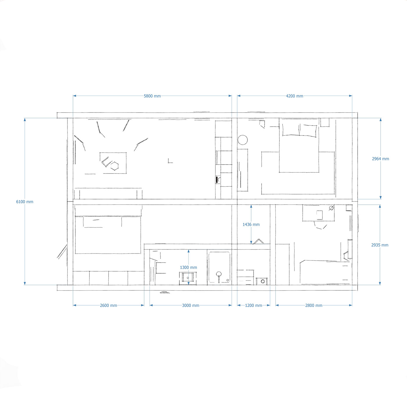 Interior dimensions of 6.5m by 10.9m mobile home