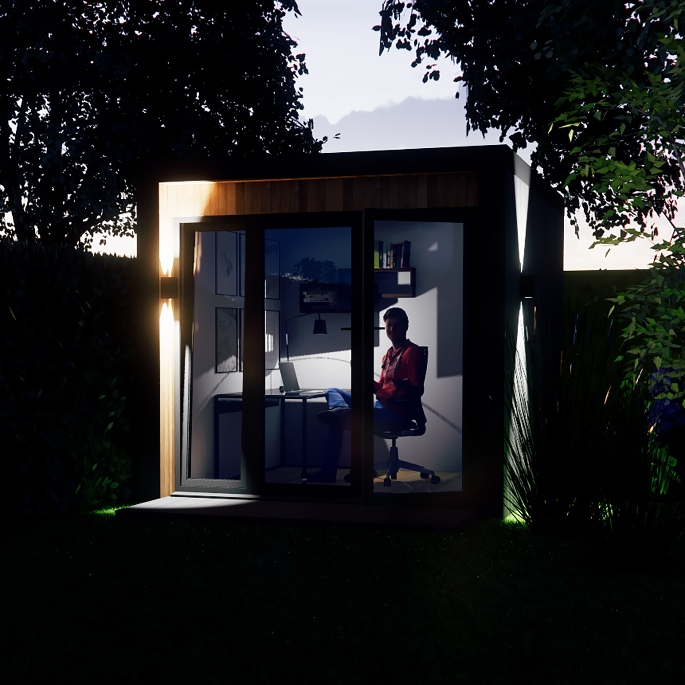 Night time visualisation of 2.6m by 2.6m garden room design